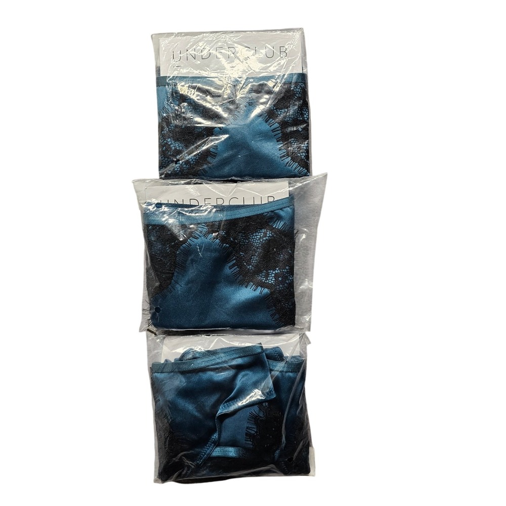 Underclub Elodie Brazilian Panties Lot of 3 Teal Black Lace Satin Lingerie